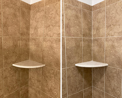 Shower Walls Before and After a Grout Recoloring in Silver Spring