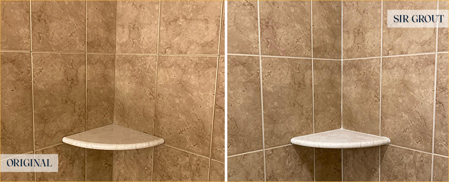 Shower Walls Before and After a Grout Recoloring in Silver Spring