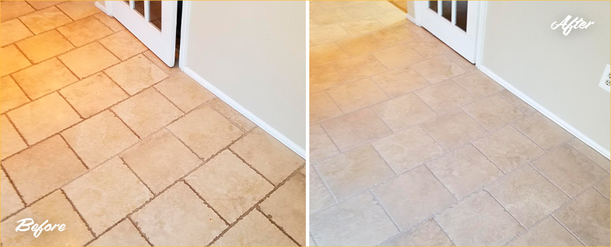 Picture of a Hallway Floor Before and After a Grout Cleaning Job in Reston, VA